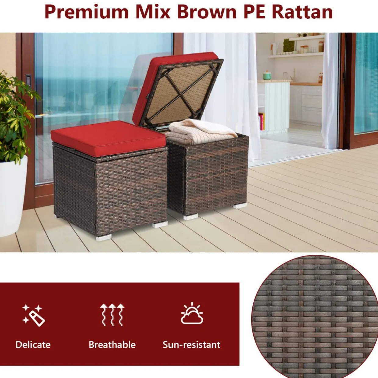 Tangkula 2 Pieces Patio Ottomans, Patiojoy Hand-Woven PE Rattan Side Table with Removable Cushion & Hidden Storage Space
