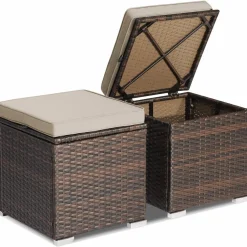 Tangkula 2 Pieces Patio Ottomans, Patiojoy Hand-Woven PE Rattan Side Table with Removable Cushion & Hidden Storage Space