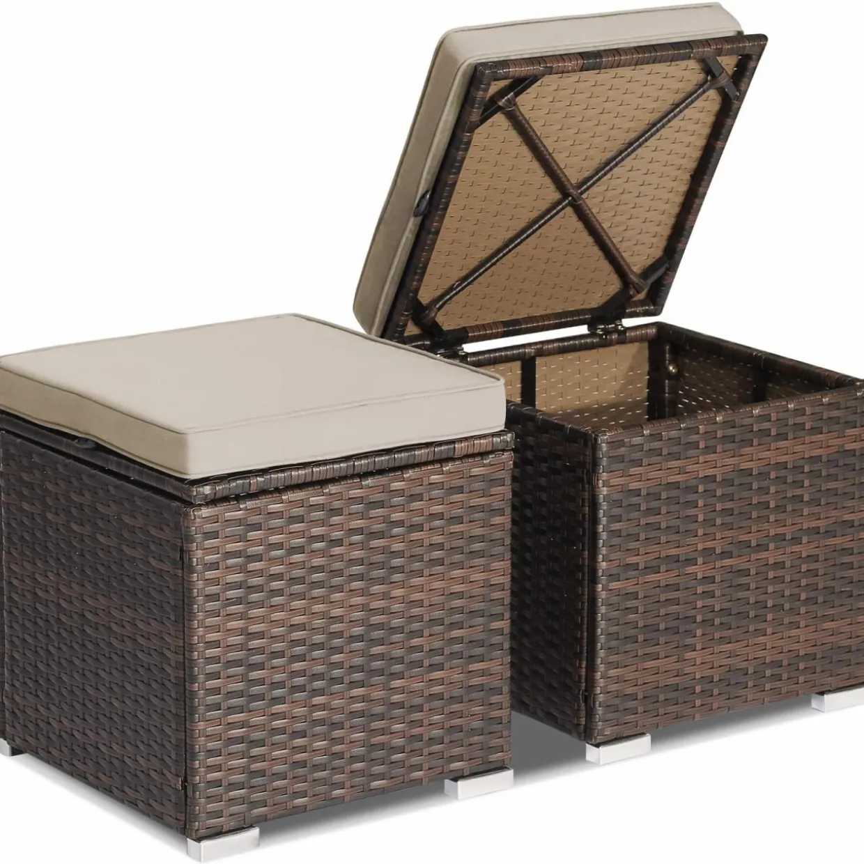 Tangkula 2 Pieces Patio Ottomans, Patiojoy Hand-Woven PE Rattan Side Table with Removable Cushion & Hidden Storage Space