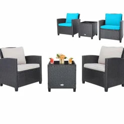 Tangkula 3 Pieces Patio PE Wicker Furniture Set with 4 Bonus Cushion Covers