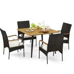 Tangkula 5 Pieces Patio PE Wicker Dining Set, 42.5” Square Acacia Wood Dining Table and Chairs with Cushions