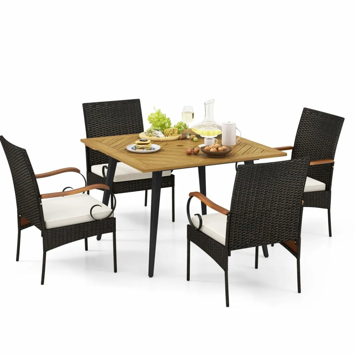 Tangkula 5 Pieces Patio PE Wicker Dining Set, 42.5” Square Acacia Wood Dining Table and Chairs with Cushions