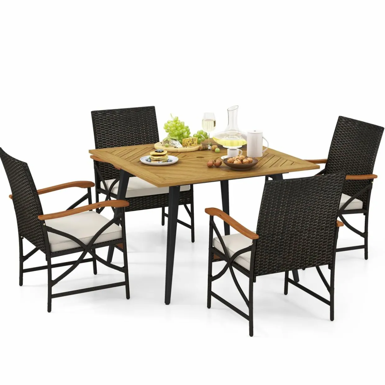 Tangkula 5 Pieces Patio PE Wicker Dining Set, Outdoor Dining Table and Chairs with Cushions