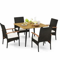 Tangkula 5 Pieces Patio PE Wicker Dining Set, 42.5” Square Acacia Wood Dining Table with 1.9” Umbrella Hole