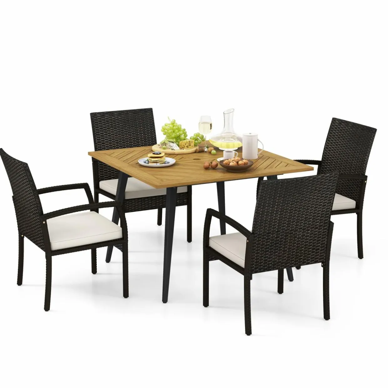 Tangkula 5 Pieces Patio PE Wicker Dining Set, Outdoor Dining Table and Chairs with Cushions