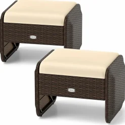 Tangkula 2 Pieces Patio PE Wicker Ottomans with Removable Cushions