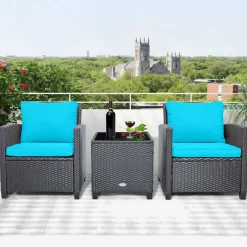 Tangkula 3 Pieces Patio PE Wicker Furniture Set with 4 Bonus Cushion Covers