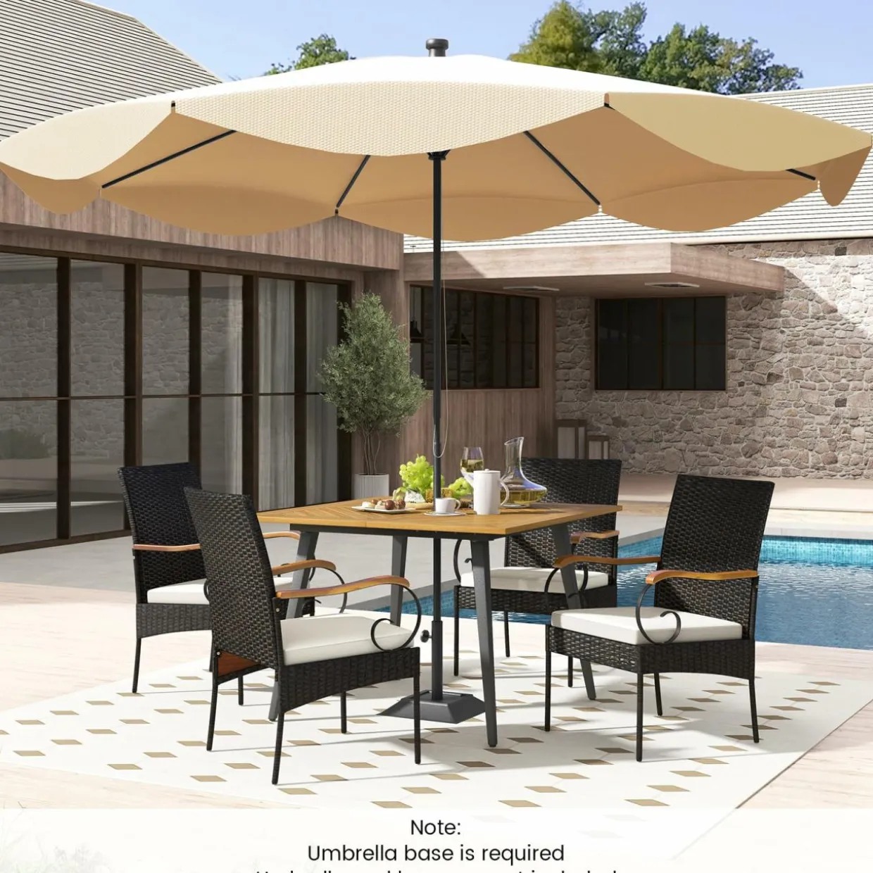 Tangkula 5 Pieces Patio PE Wicker Dining Set, 42.5” Square Acacia Wood Dining Table and Chairs with Cushions