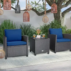 Tangkula 3 Pieces Patio PE Wicker Furniture Set with 4 Bonus Cushion Covers