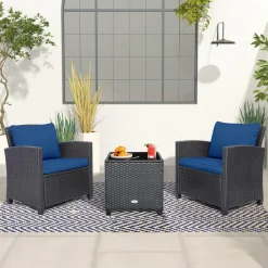 Tangkula 3 Pieces Patio PE Wicker Furniture Set with 4 Bonus Cushion Covers