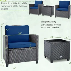 Tangkula 3 Pieces Patio PE Wicker Furniture Set with 4 Bonus Cushion Covers