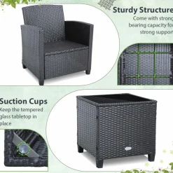 Tangkula 3 Pieces Patio PE Wicker Furniture Set with 4 Bonus Cushion Covers
