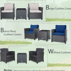 Tangkula 3 Pieces Patio PE Wicker Furniture Set with 4 Bonus Cushion Covers