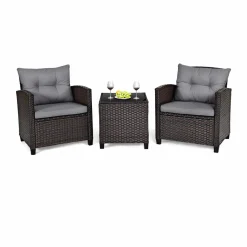 Tangkula 3 Pieces Patio PE Wicker Furniture Set with 4 Bonus Cushion Covers