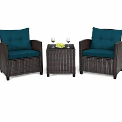 Tangkula 3 Pieces Patio PE Wicker Furniture Set with 4 Bonus Cushion Covers