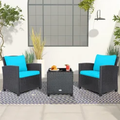 Tangkula 3 Pieces Patio PE Wicker Furniture Set with 4 Bonus Cushion Covers