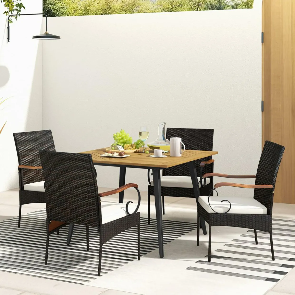 Tangkula 5 Pieces Patio PE Wicker Dining Set, 42.5” Square Acacia Wood Dining Table and Chairs with Cushions