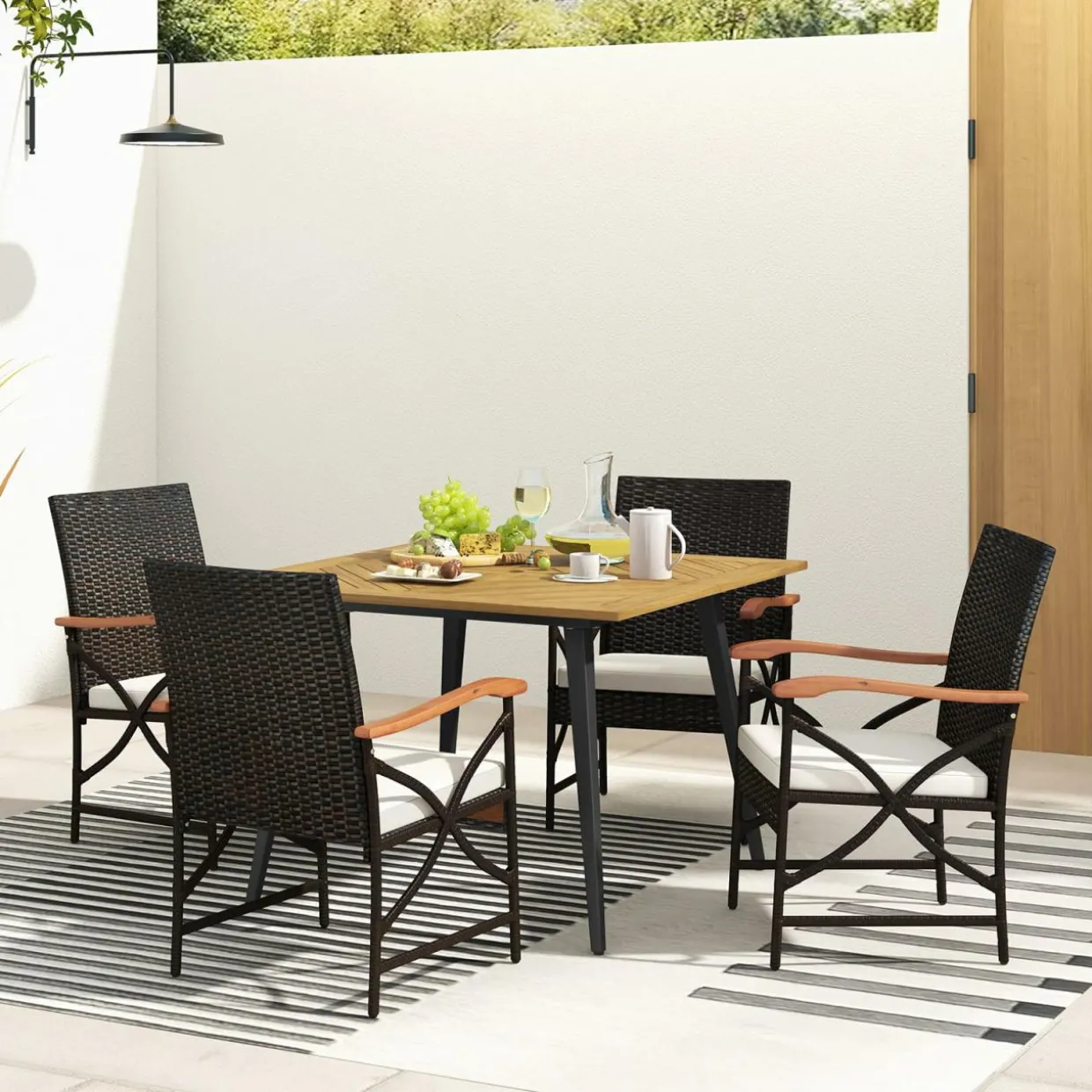 Tangkula 5 Pieces Patio PE Wicker Dining Set, Outdoor Dining Table and Chairs with Cushions