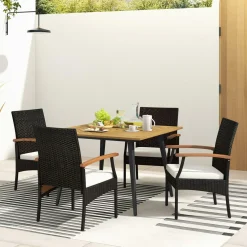 Tangkula 5 Pieces Patio PE Wicker Dining Set, 42.5” Square Acacia Wood Dining Table with 1.9” Umbrella Hole