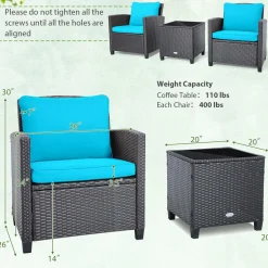Tangkula 3 Pieces Patio PE Wicker Furniture Set with 4 Bonus Cushion Covers