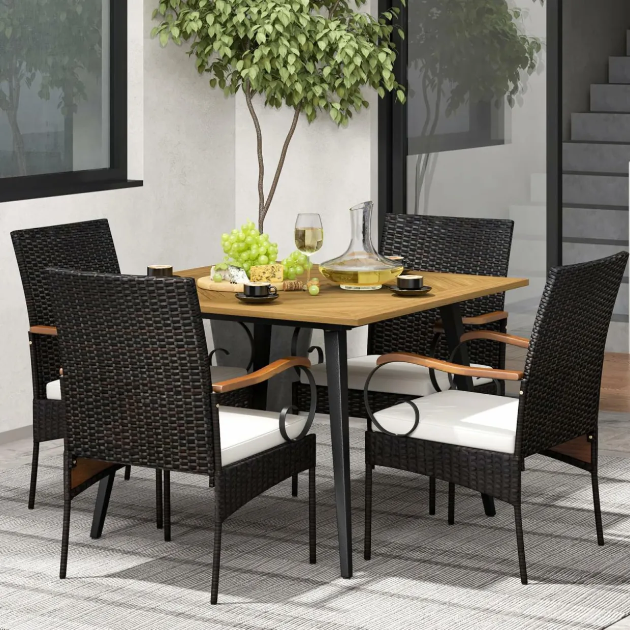 Tangkula 5 Pieces Patio PE Wicker Dining Set, 42.5” Square Acacia Wood Dining Table and Chairs with Cushions