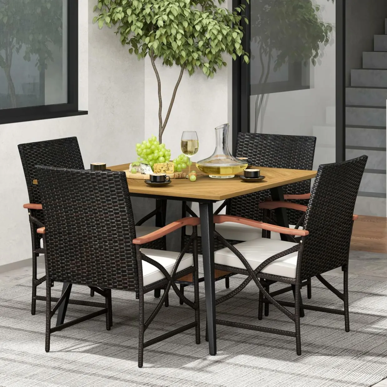 Tangkula 5 Pieces Patio PE Wicker Dining Set, Outdoor Dining Table and Chairs with Cushions