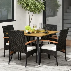 Tangkula 5 Pieces Patio PE Wicker Dining Set, 42.5” Square Acacia Wood Dining Table with 1.9” Umbrella Hole