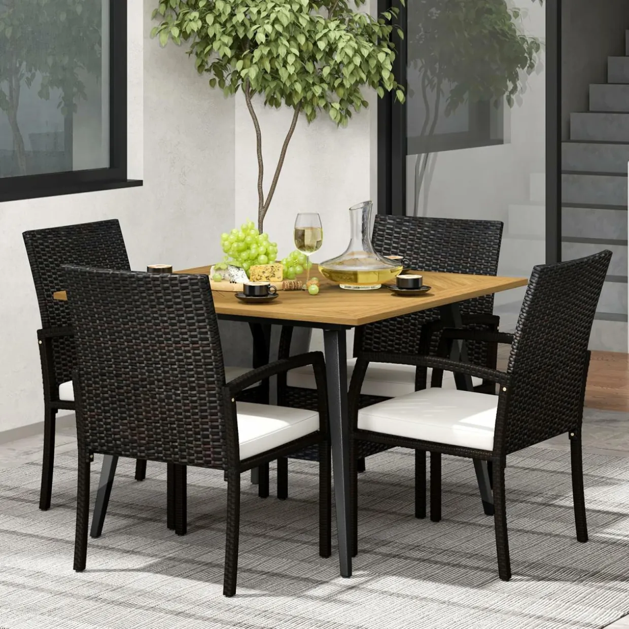 Tangkula 5 Pieces Patio PE Wicker Dining Set, Outdoor Dining Table and Chairs with Cushions