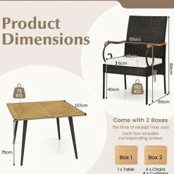 Tangkula 5 Pieces Patio PE Wicker Dining Set, 42.5” Square Acacia Wood Dining Table and Chairs with Cushions