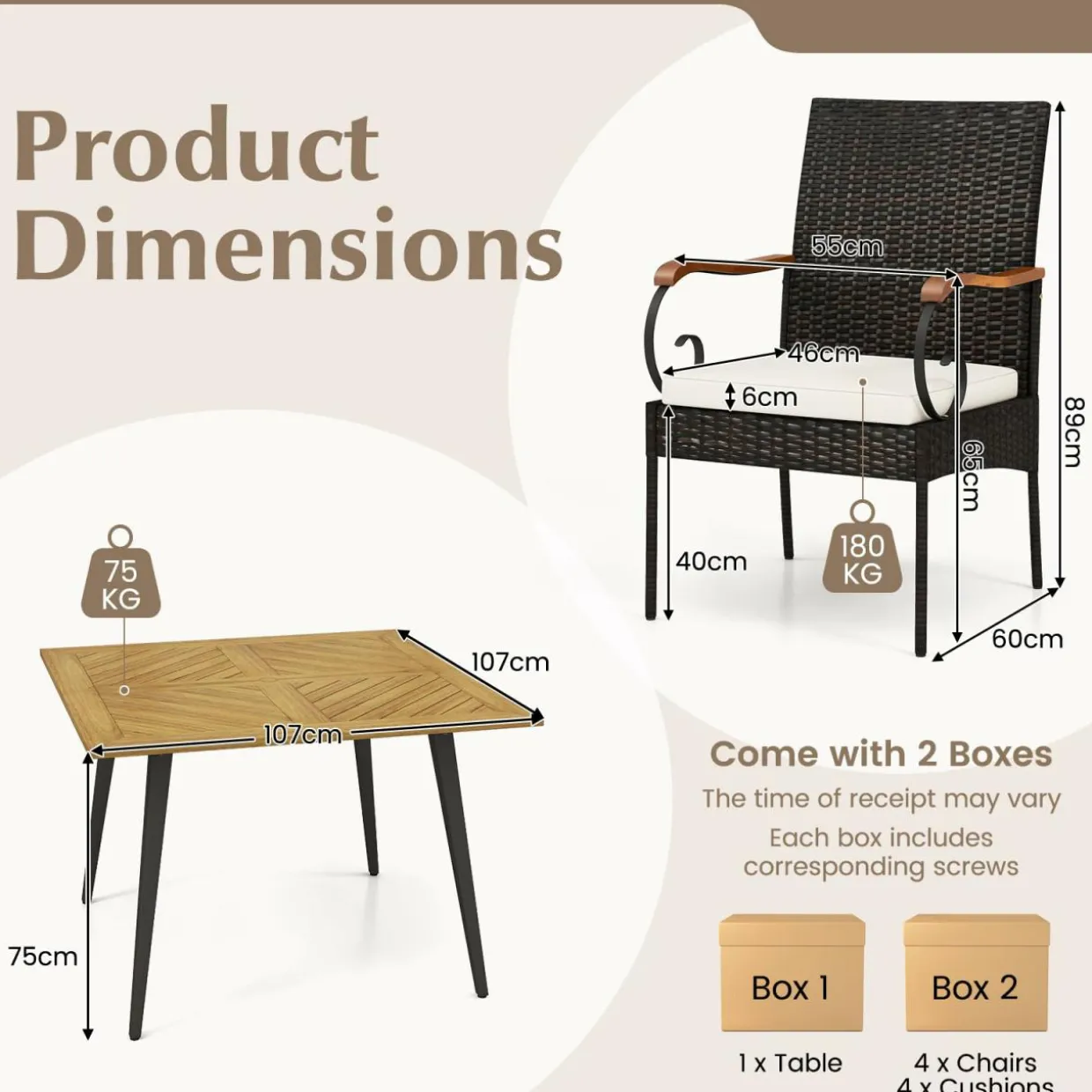 Tangkula 5 Pieces Patio PE Wicker Dining Set, 42.5” Square Acacia Wood Dining Table and Chairs with Cushions