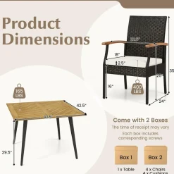 Tangkula 5 Pieces Patio PE Wicker Dining Set, 42.5” Square Acacia Wood Dining Table with 1.9” Umbrella Hole