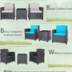 Tangkula 3 Pieces Patio PE Wicker Furniture Set with 4 Bonus Cushion Covers