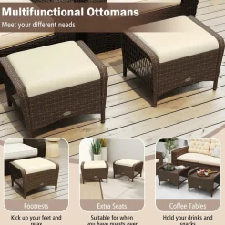 Tangkula 2 Pieces Patio PE Wicker Ottomans with Removable Cushions
