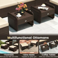 Tangkula 2 Pieces Patio PE Wicker Ottomans with Removable Cushions