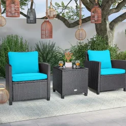 Tangkula 3 Pieces Patio PE Wicker Furniture Set with 4 Bonus Cushion Covers
