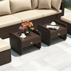 Tangkula 2 Pieces Patio PE Wicker Ottomans with Removable Cushions