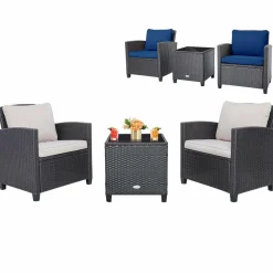 Tangkula 3 Pieces Patio PE Wicker Furniture Set with 4 Bonus Cushion Covers