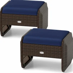 Tangkula 2 Pieces Patio PE Wicker Ottomans with Removable Cushions