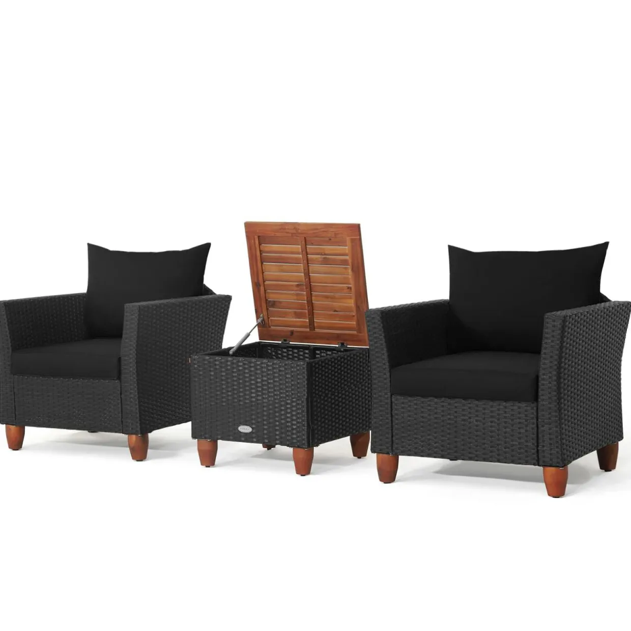 Tangkula 3 Pieces Patio Porch Furniture Set, PE Rattan Wicker Chair Conversation Set with Cushions and Storage Table