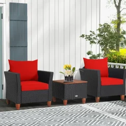 Tangkula 3 Pieces Patio Porch Furniture Set, PE Rattan Wicker Chair Conversation Set with Cushions and Storage Table