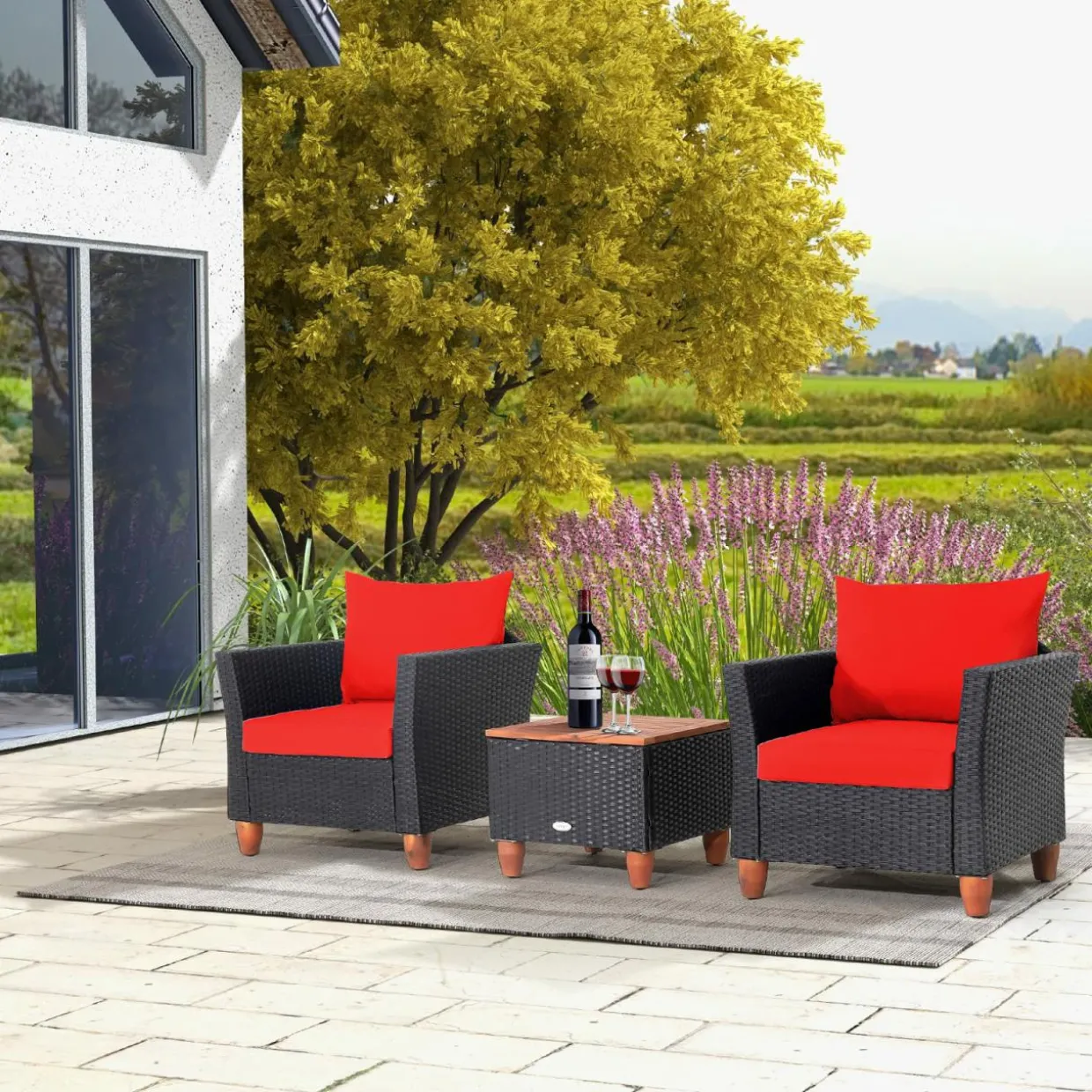 Tangkula 3 Pieces Patio Porch Furniture Set, PE Rattan Wicker Chair Conversation Set with Cushions and Storage Table