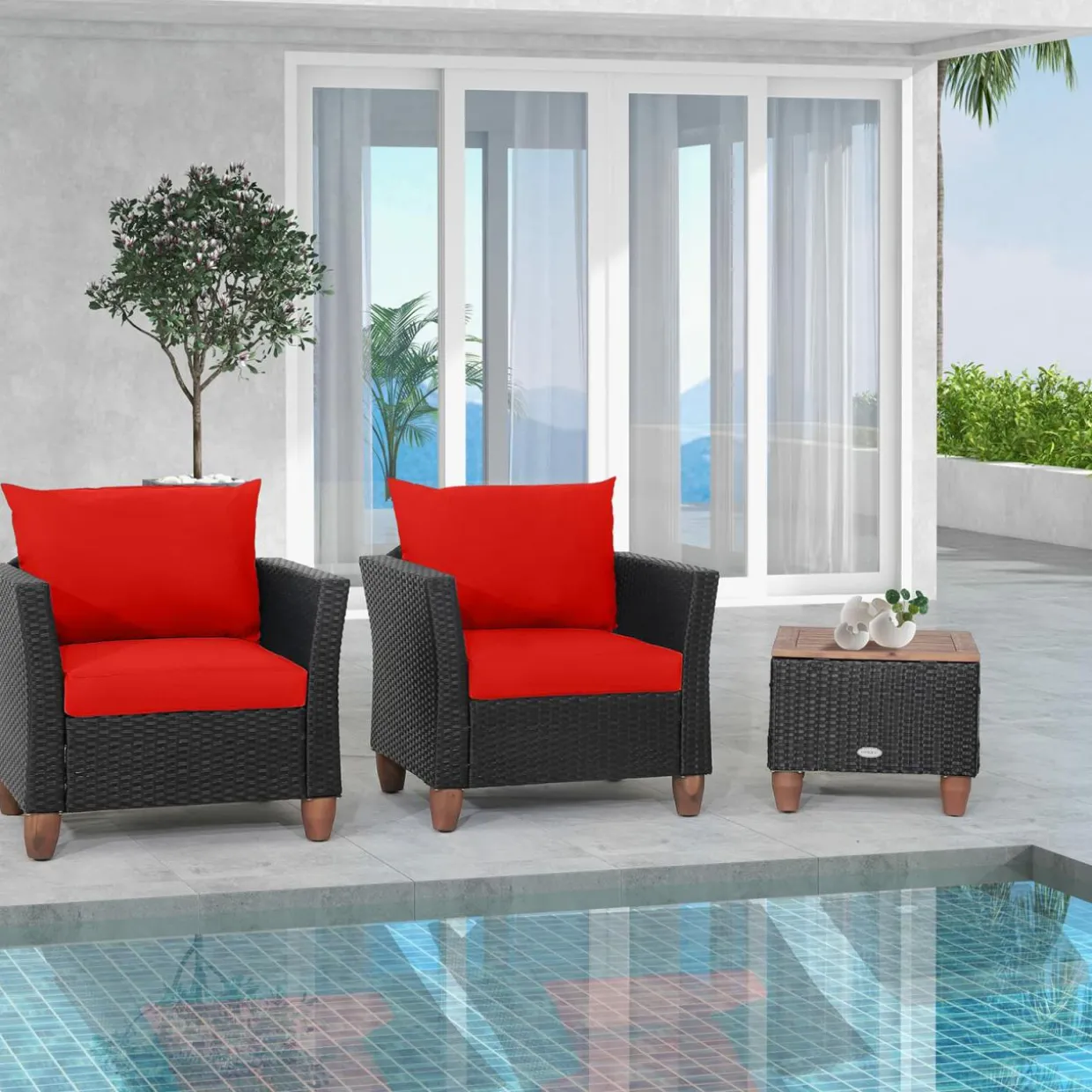 Tangkula 3 Pieces Patio Porch Furniture Set, PE Rattan Wicker Chair Conversation Set with Cushions and Storage Table