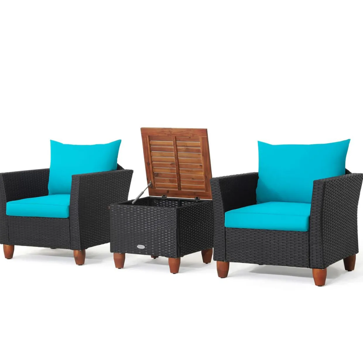 Tangkula 3 Pieces Patio Porch Furniture Set, PE Rattan Wicker Chair Conversation Set with Cushions and Storage Table