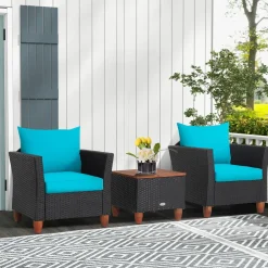 Tangkula 3 Pieces Patio Porch Furniture Set, PE Rattan Wicker Chair Conversation Set with Cushions and Storage Table