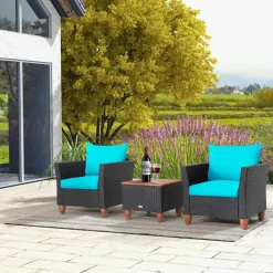 Tangkula 3 Pieces Patio Porch Furniture Set, PE Rattan Wicker Chair Conversation Set with Cushions and Storage Table