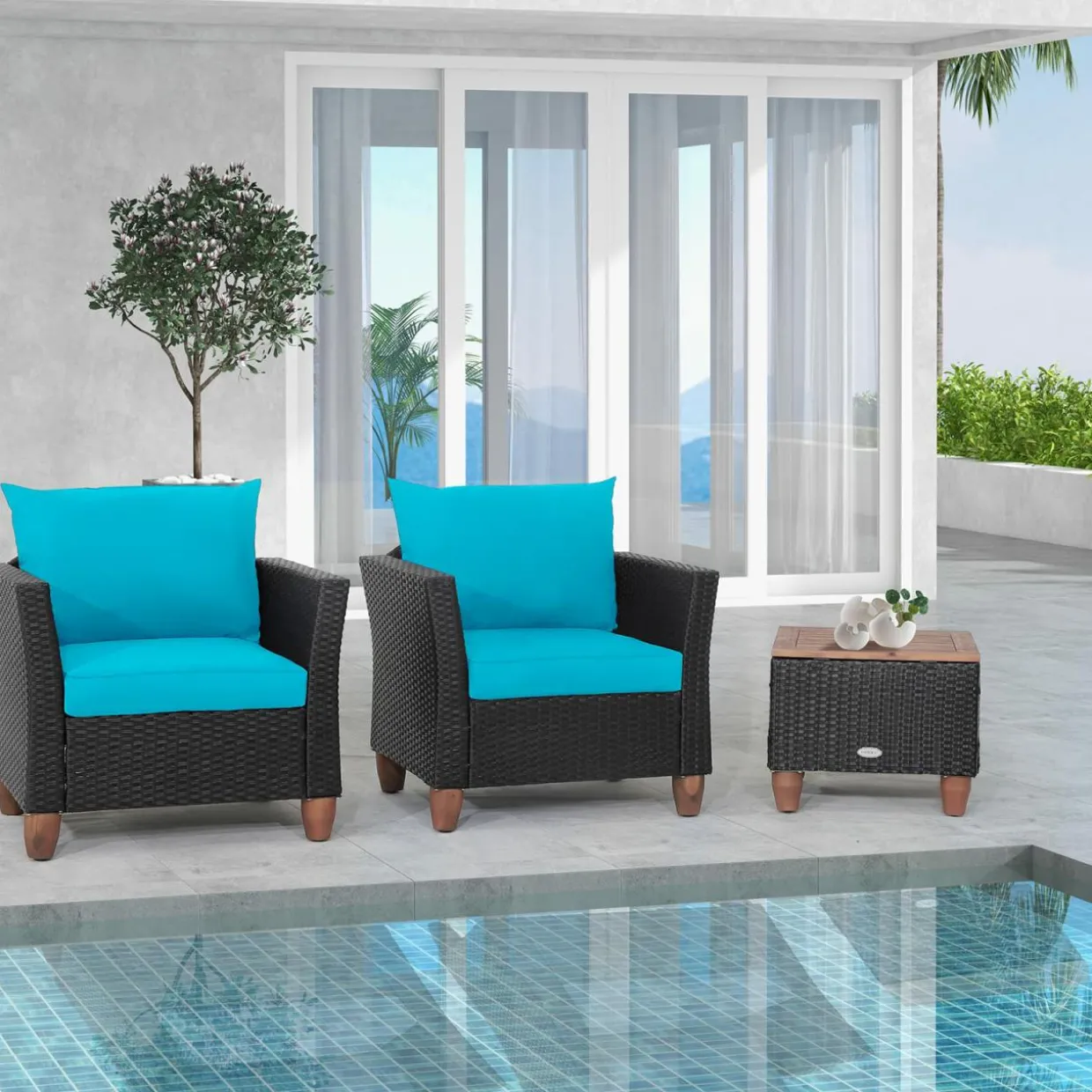 Tangkula 3 Pieces Patio Porch Furniture Set, PE Rattan Wicker Chair Conversation Set with Cushions and Storage Table