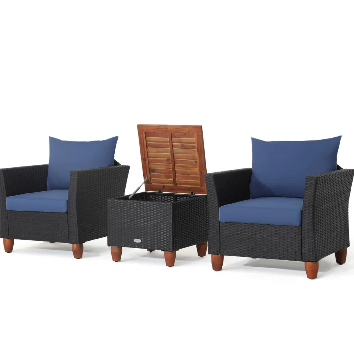 Tangkula 3 Pieces Patio Porch Furniture Set, PE Rattan Wicker Chair Conversation Set with Cushions and Storage Table