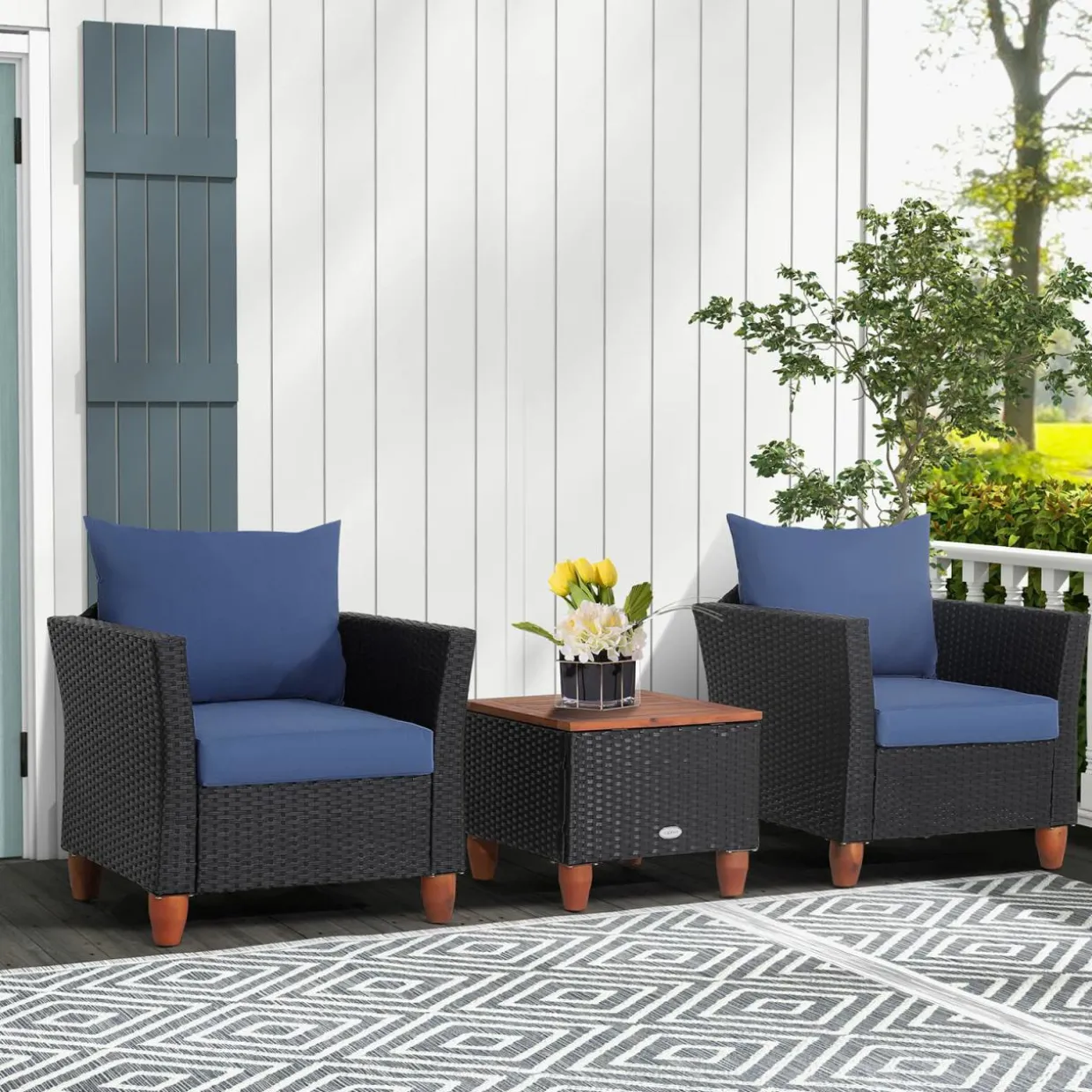 Tangkula 3 Pieces Patio Porch Furniture Set, PE Rattan Wicker Chair Conversation Set with Cushions and Storage Table