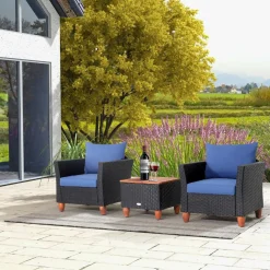 Tangkula 3 Pieces Patio Porch Furniture Set, PE Rattan Wicker Chair Conversation Set with Cushions and Storage Table