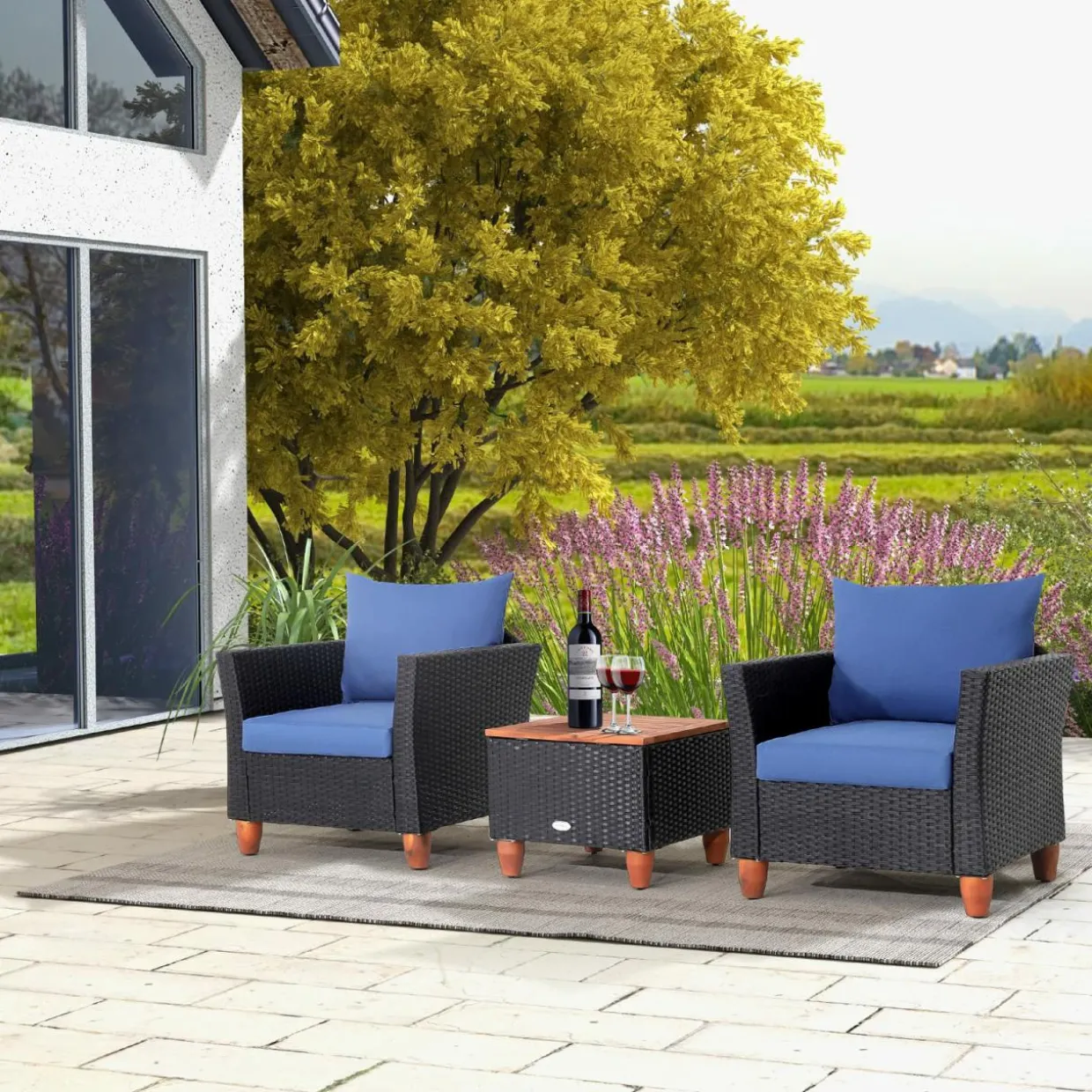 Tangkula 3 Pieces Patio Porch Furniture Set, PE Rattan Wicker Chair Conversation Set with Cushions and Storage Table